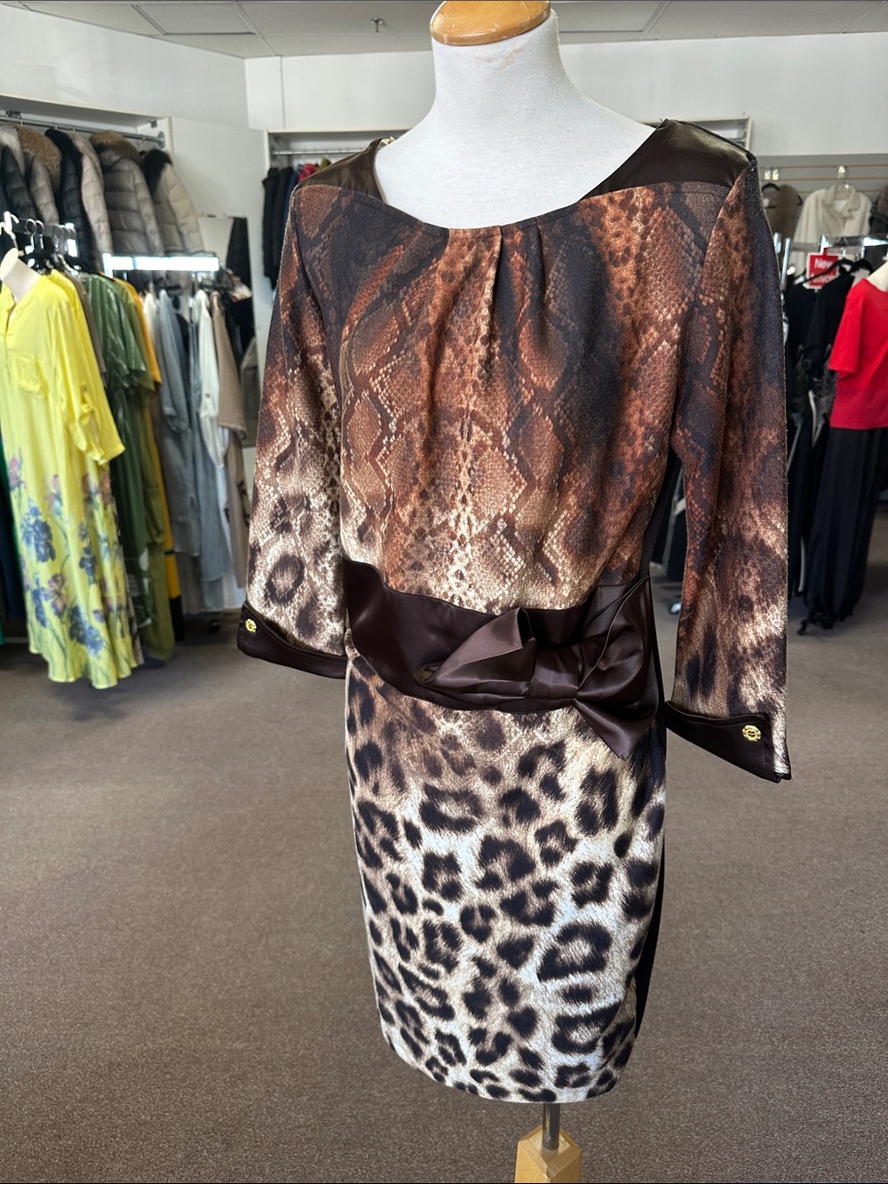 Women's Brown Animal Print Midi Dress with Satin Belt